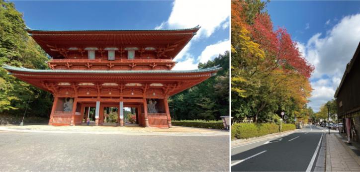 <font color='blue' size='2'>しんどい山道を登り切り見上げると、想像以上に巨大に感じる大門が現れた!人通りが少ない大門周辺!紅葉が凄く綺麗だ〜!</font>