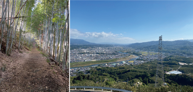 <font color='blue' size='2'>開放感抜群!竹林の山道と高台からの景色!鉄塔と同じ高さにいる達成感を感じられる場所!</font>